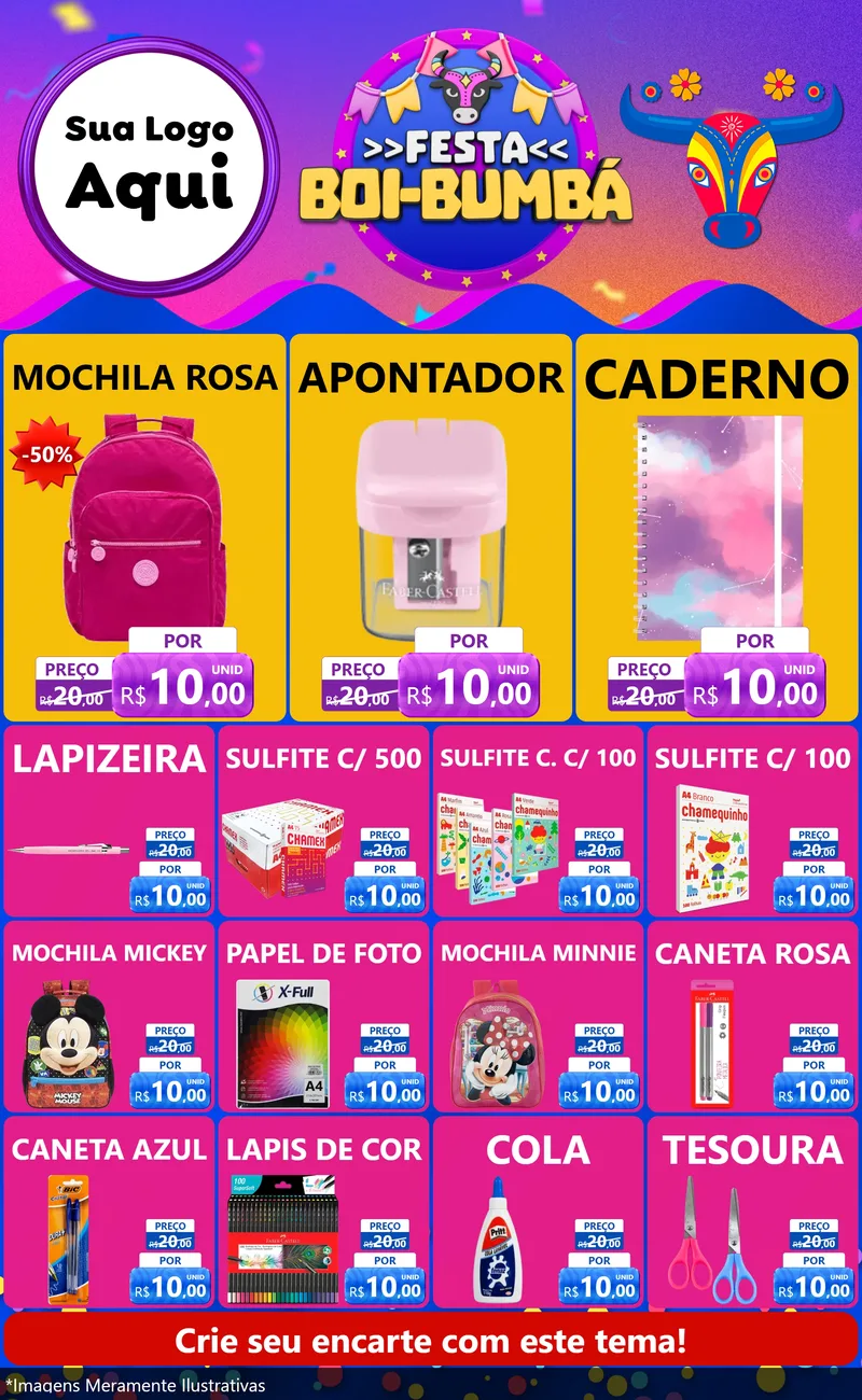 Modelo de Encarte para Encarte Grande com o tema Festa Boi-Bumbá para Papelaria