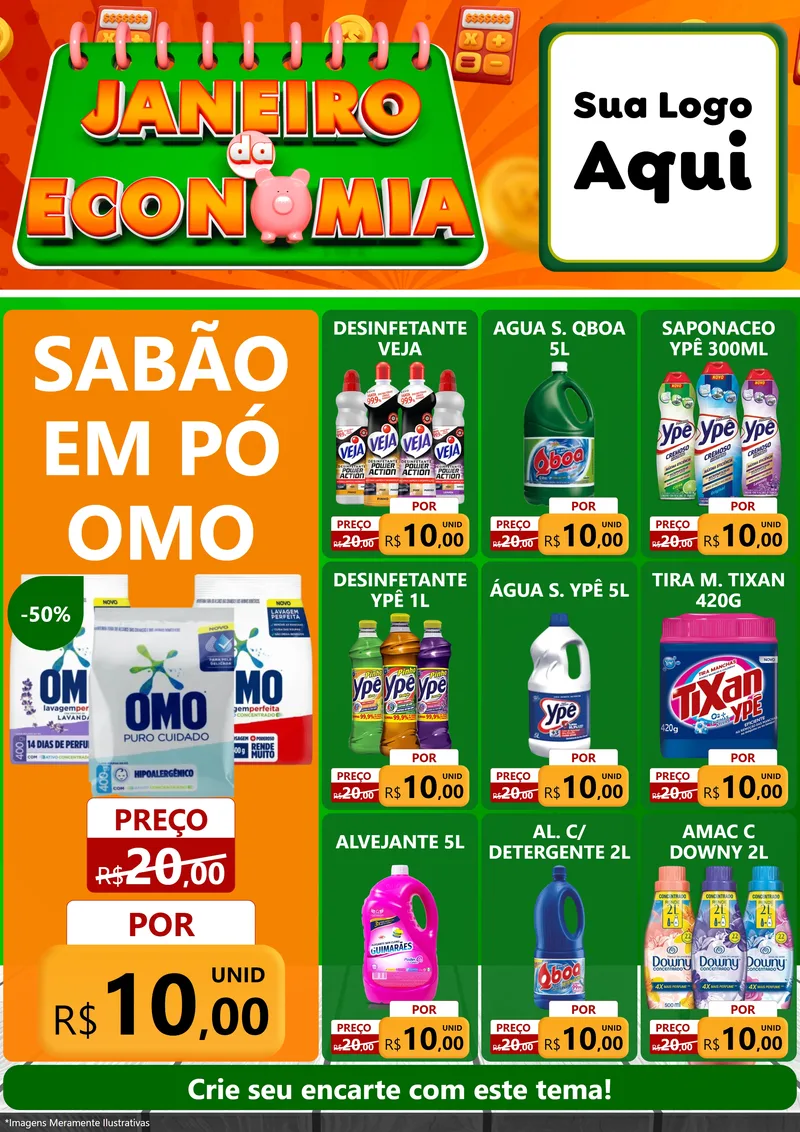 Modelo de Encarte para Encarte A4 Vertical com o tema Janeiro da Economia para Produtos de Limpeza