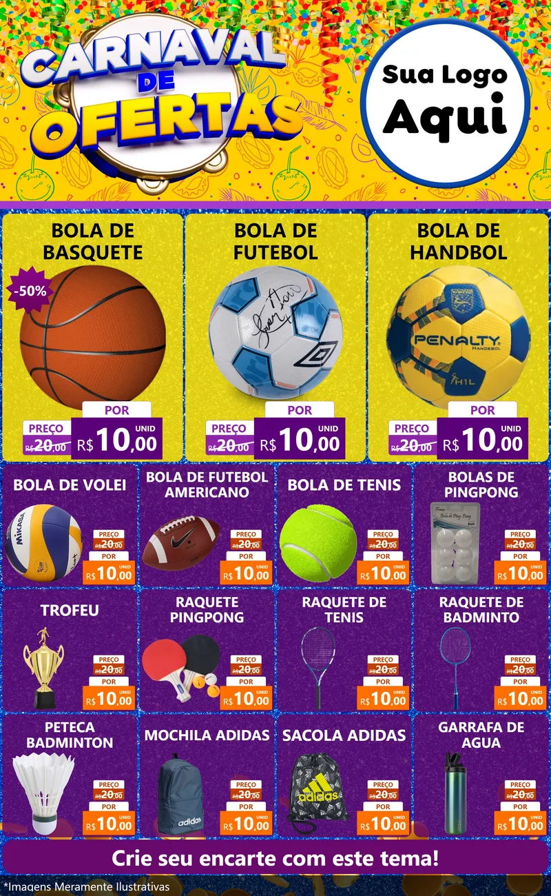 Modelo de Encarte para Encarte Grande com o tema Carnaval de Ofertas para Artigos Esportivos