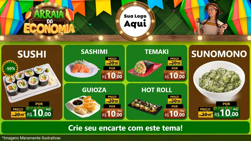 Modelo de TV para TV Horizontal com o tema Arraiá de Economia para Comida japonesa