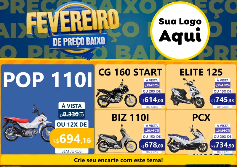 Modelo de Encarte para Encarte A4 Horizontal com o tema Fevereiro de Preço Baixo para Concessionaria de Motos