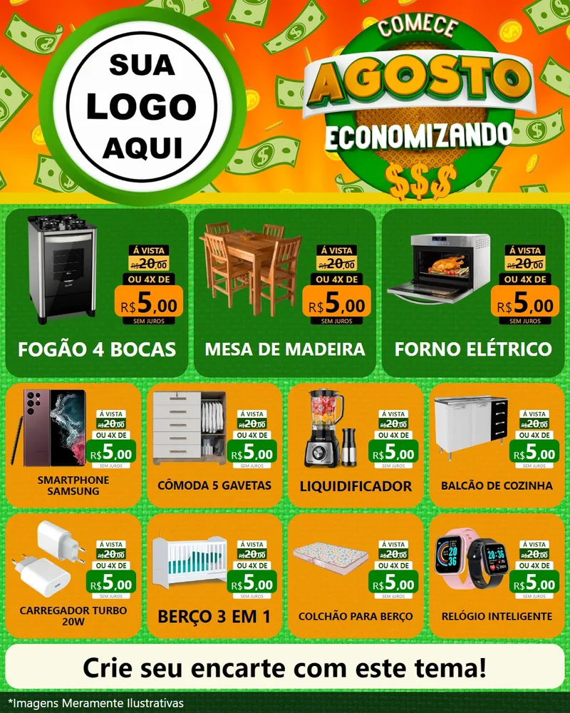 Modelo de Rede Social para Feed Instagram com o tema Comece Agosto Economizando para Móveis e Eletro