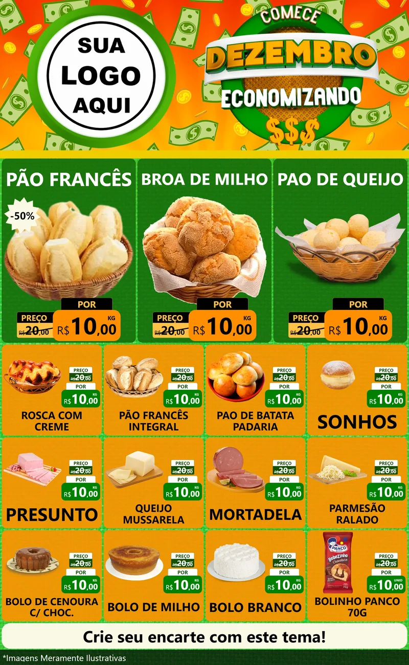 Modelo de Encarte para Encarte Grande com o tema Comece Dezembro Economizando para Padaria