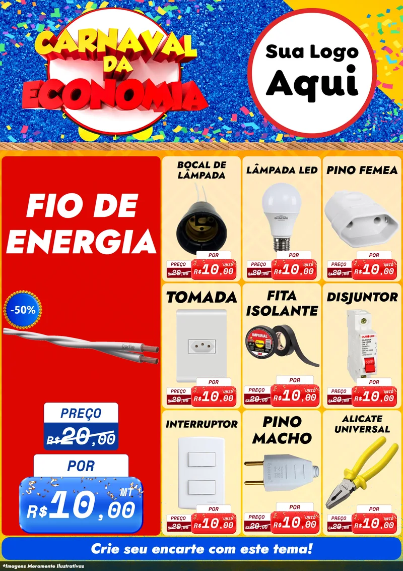 Modelo de Encarte para Encarte A4 Vertical com o tema Carnaval da Economia para Materiais Elétricos