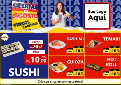 Modelo de Encarte para Encarte A4 Horizontal com o tema Ofertas de Agosto - Preços Incríveis para Comida japonesa