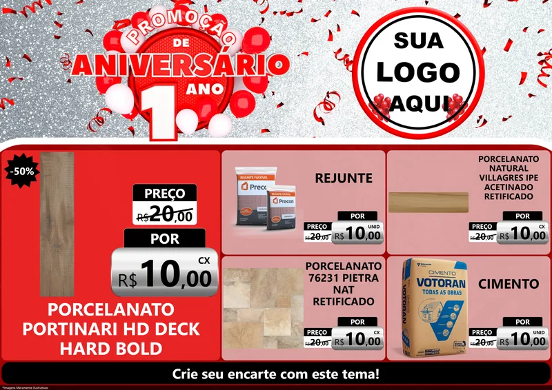 Modelo de Encarte para Encarte A4 Horizontal com o tema Promoção de Aniversário - 1 Ano para Pisos e revestimentos