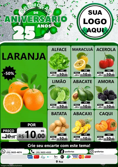 Modelo de Encarte para Encarte A4 Vertical com o tema Promoção de Aniversário - 25 Anos para Hortifrúti