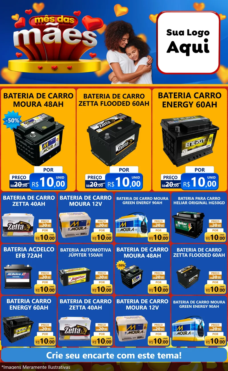 Modelo de Encarte para Encarte Grande com o tema Mês das Mães para Baterias Elétricas