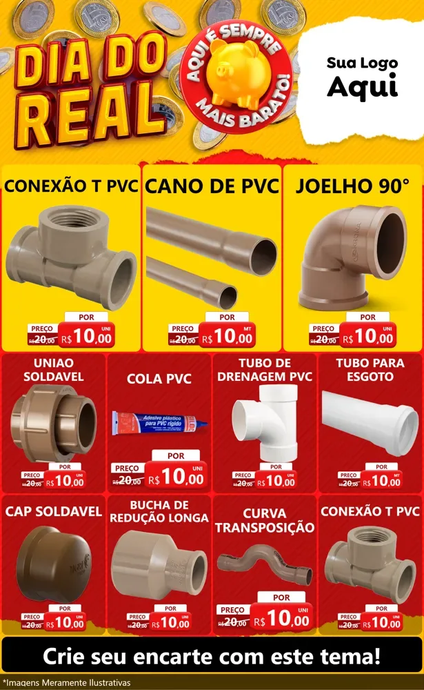 Modelo de Encarte para Encarte Grande com o tema Dia Do Real para Tubos e conexões