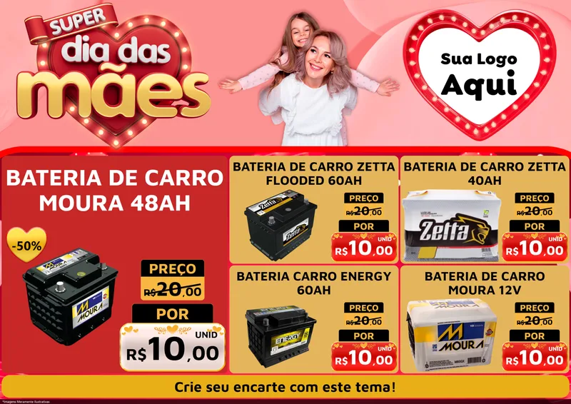 Modelo de Encarte para Encarte A4 Horizontal com o tema Super Dia Das Mães para Baterias Elétricas
