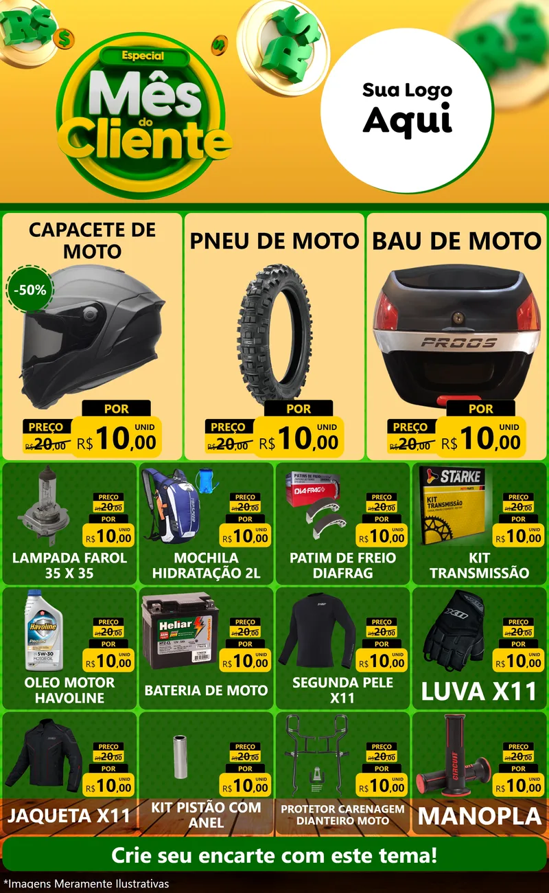 Modelo de Encarte para Encarte Grande com o tema Especial Mês do Cliente para Moto peças