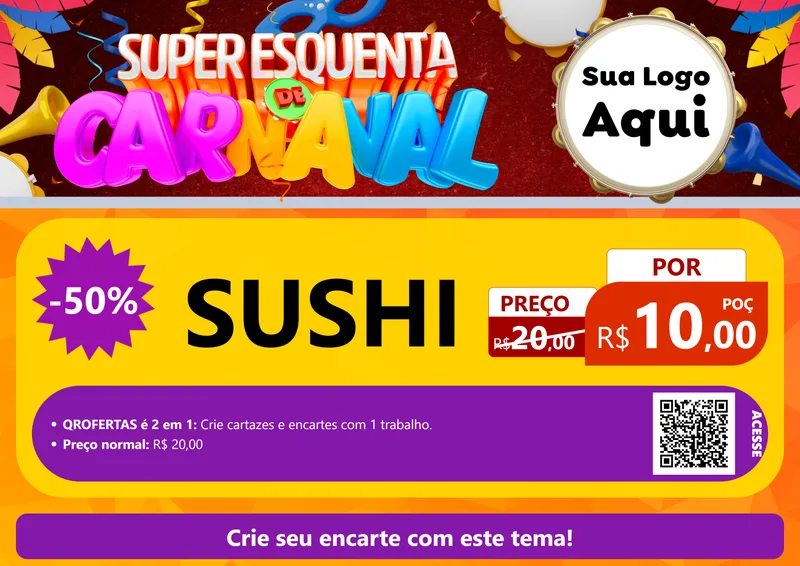 Modelo de Cartaz para Cartaz A4 Horizontal com o tema Super Esquenta de Carnaval para Comida japonesa