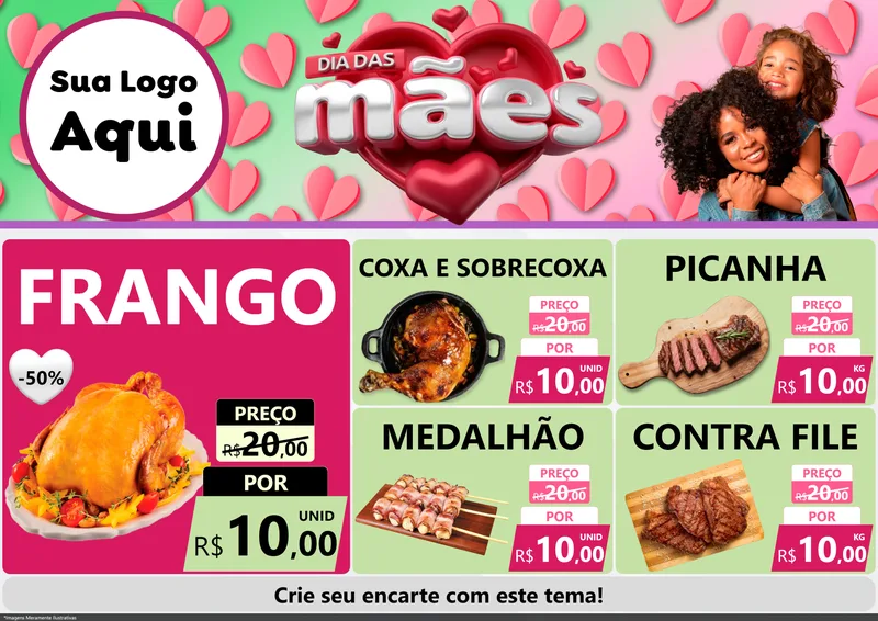 Modelo de Encarte para Encarte A4 Horizontal com o tema Dia das Mães para Assados