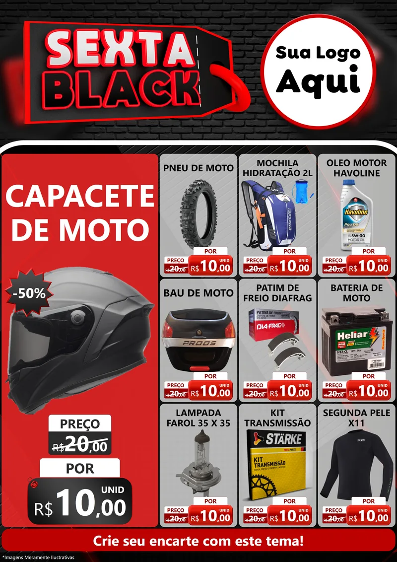 Modelo de Encarte para Encarte A4 Vertical com o tema Sexta Black para Moto peças