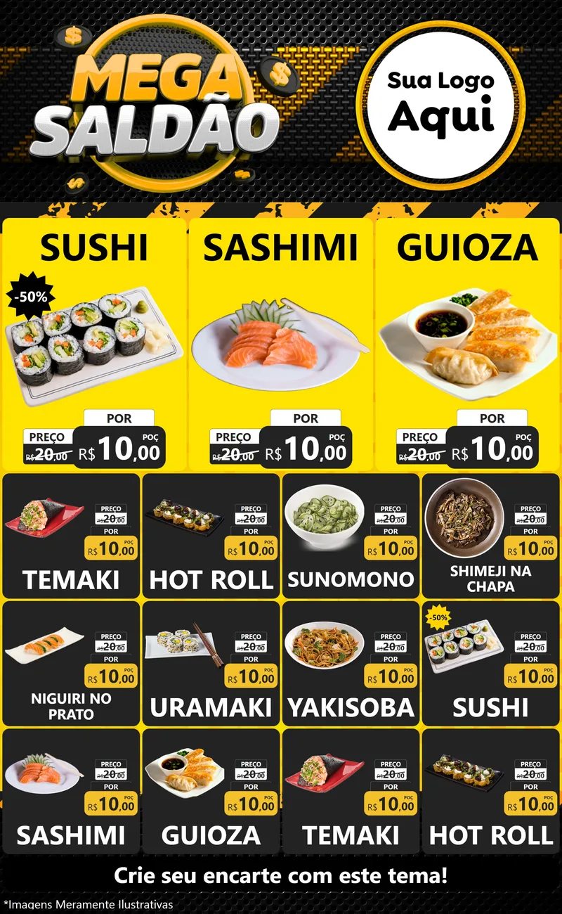 Modelo de Encarte para Encarte Grande com o tema Mega Saldão para Comida japonesa