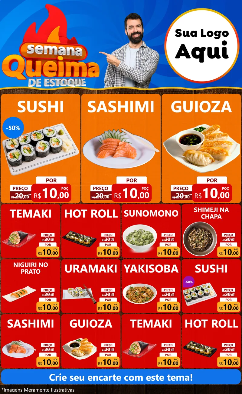 Modelo de Encarte para Encarte Grande com o tema Semana Queima de Estoque para Comida japonesa