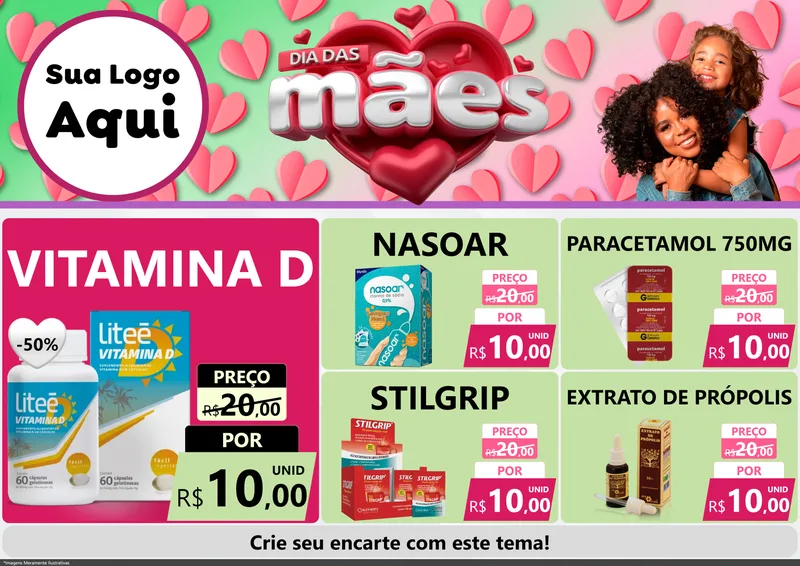 Modelo de Encarte para Encarte A4 Horizontal com o tema Dia das Mães para Farmácia
