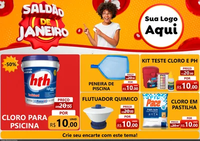 Modelo de Encarte para Encarte A4 Horizontal com o tema Saldão de Janeiro para Produtos para Piscina