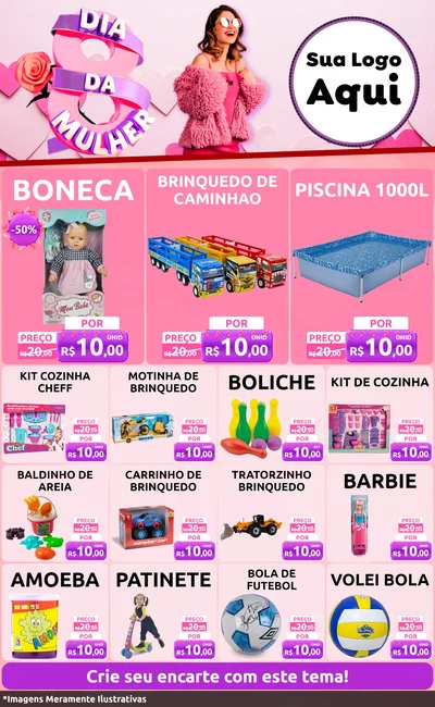 Modelo de Encarte para Encarte Grande com o tema Dia da Mulher para Brinquedos