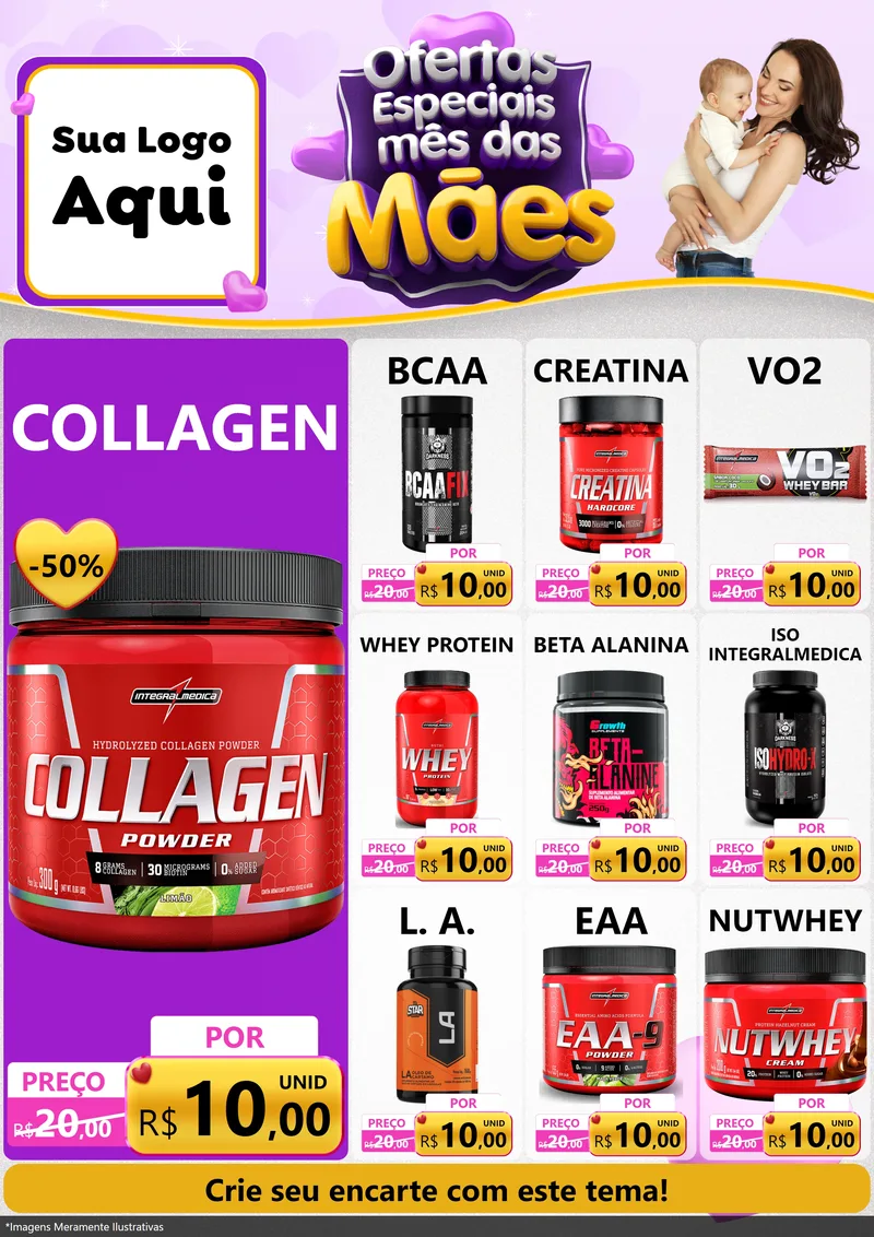 Modelo de Encarte para Encarte A4 Vertical com o tema Ofertas Especiais - Mês das Mães para Suplementos alimentares