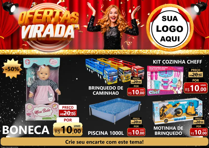 Modelo de Encarte para Encarte A4 Horizontal com o tema Ofertas da Virada para Brinquedos