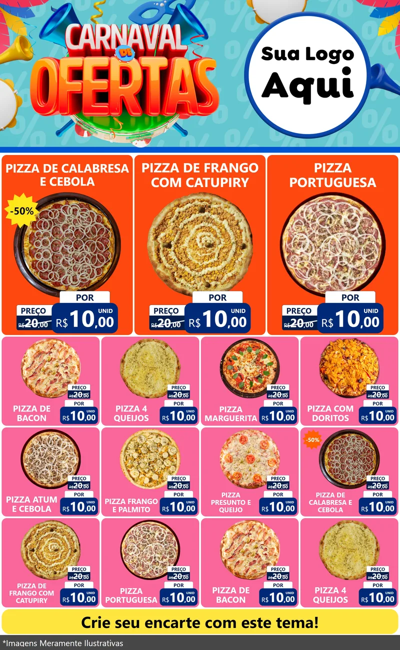 Modelo de Encarte para Encarte Grande com o tema Carnaval de Ofertas para Pizzaria
