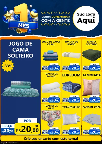Modelo de Encarte para Encarte A4 Vertical com o tema Um Mês de Aniversário para Cama, Mesa e Banho