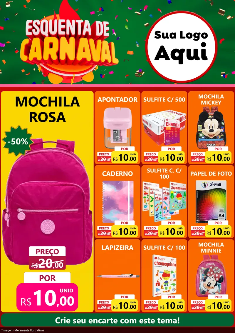 Modelo de Encarte para Encarte A4 Vertical com o tema Esquenta de Carnaval para Papelaria