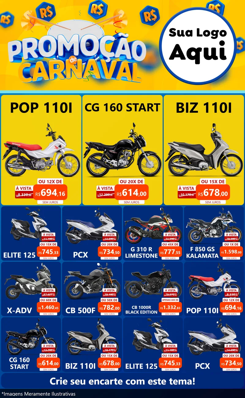 Modelo de Encarte para Encarte Grande com o tema Promoção de Carnaval para Concessionaria de Motos