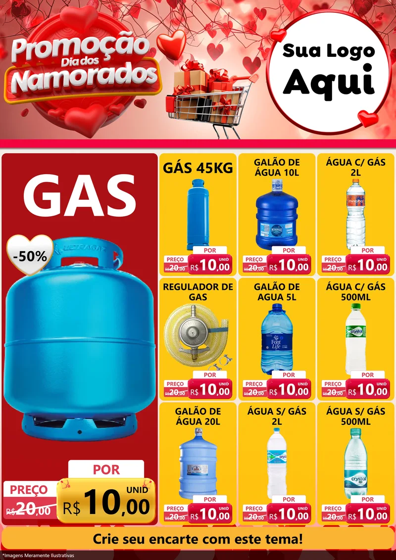 Modelo de Encarte para Encarte A4 Vertical com o tema Promoção Dia dos Namorados para Água e gás