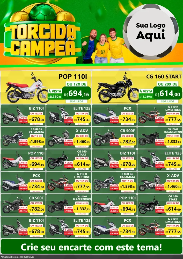 Modelo de Encarte para Encarte A4 Vertical com o tema Torcida Campeã - Copa para Concessionaria de Motos