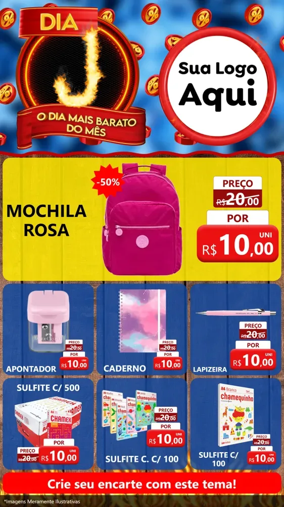 Modelo de Rede Social para Stories com o tema Dia J - O Dia Mais Barato Do Mês para Papelaria