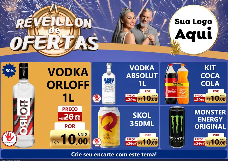 Modelo de Encarte para Encarte A4 Horizontal com o tema Réveillon de Ofertas para Distribuidora de bebidas