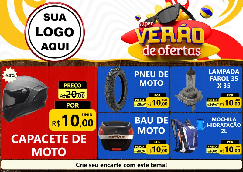 Modelo de Encarte para Encarte A4 Horizontal com o tema Super Verão de Ofertas para Moto peças
