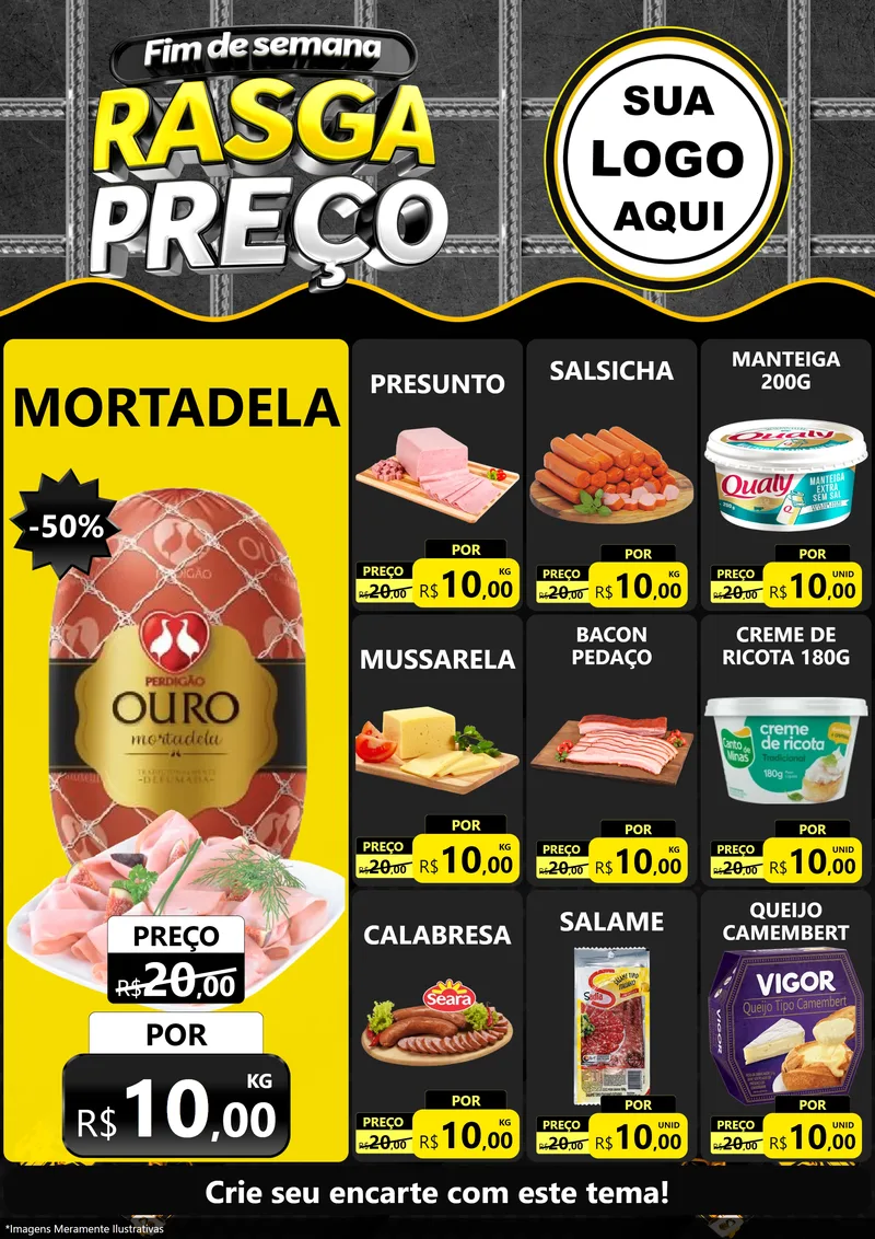 Modelo de Encarte para Encarte A4 Vertical com o tema Fim de Semana Rasga Preço para Frios e Laticínios