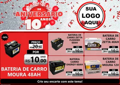 Modelo de Encarte para Encarte A4 Horizontal com o tema Promoção de Aniversário - 10 Anos para Baterias Elétricas