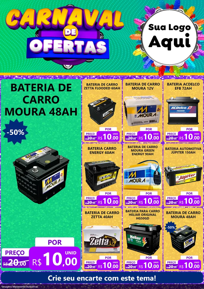 Modelo de Encarte para Encarte A4 Vertical com o tema Carnaval de Ofertas para Baterias Elétricas