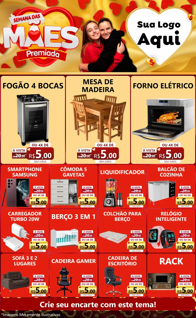 Modelo de Encarte para Encarte Grande com o tema Semana das Mães Premiada para Móveis e Eletro