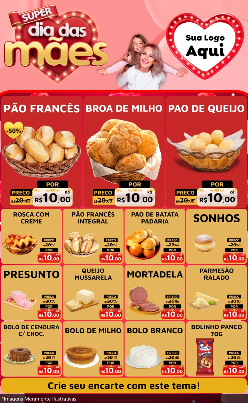 Modelo de Encarte para Encarte Grande com o tema Super Dia Das Mães para Padaria