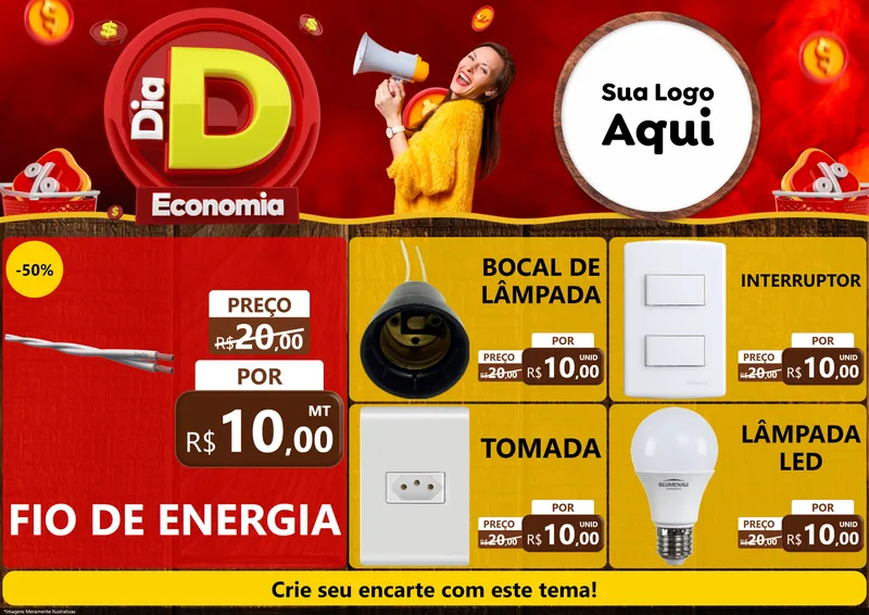 Modelo de Encarte para Encarte A4 Horizontal com o tema Dia D Economia para Materiais Elétricos