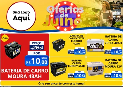 Modelo de Encarte para Encarte A4 Horizontal com o tema Ofertas de Julho para Baterias Elétricas