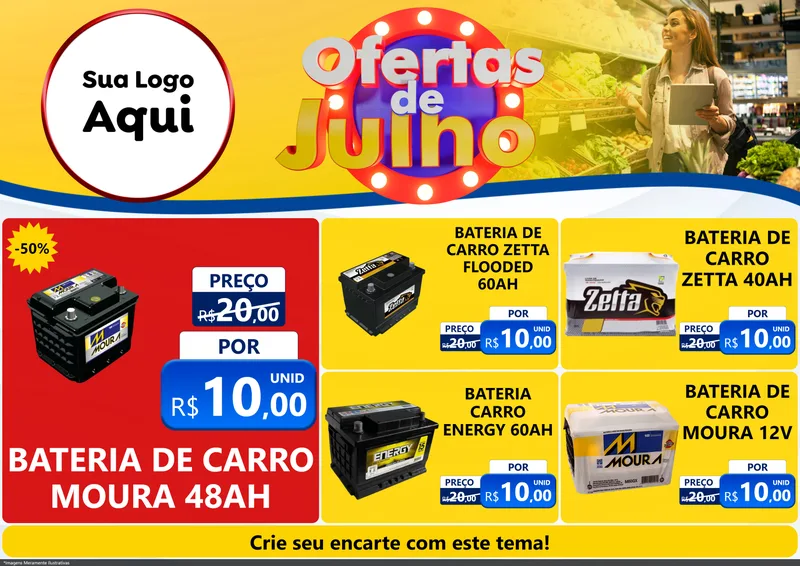 Modelo de Encarte para Encarte A4 Horizontal com o tema Ofertas de Julho para Baterias Elétricas