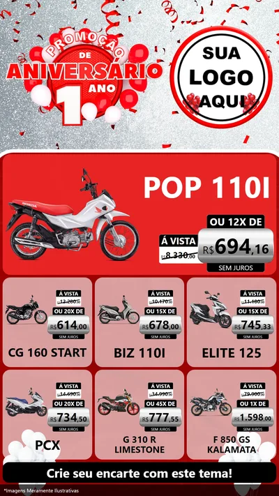 Modelo de Rede Social para Stories com o tema Promoção de Aniversário - 1 Ano para Concessionaria de Motos