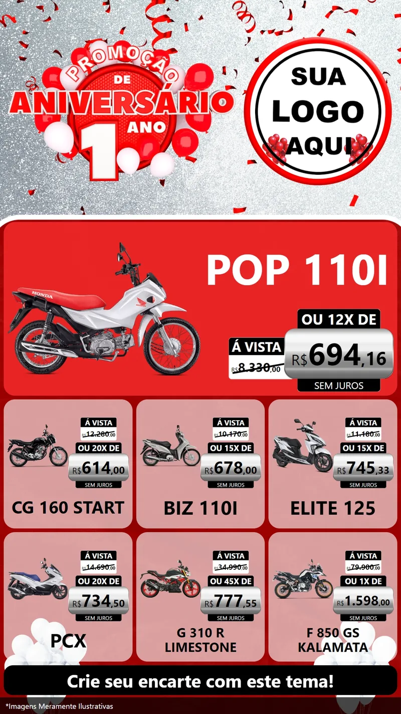 Modelo de Rede Social para Stories com o tema Promoção de Aniversário - 1 Ano para Concessionaria de Motos