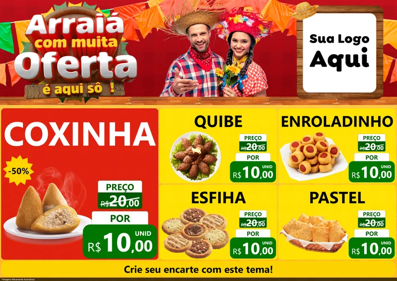 Modelo de Encarte para Encarte A4 Horizontal com o tema Arraiá Com Muita Oferta - É Aqui Sô! para Salgadaria