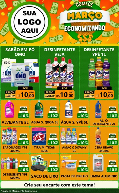 Modelo de Encarte para Encarte Grande com o tema Comece Março Economizando para Produtos de Limpeza