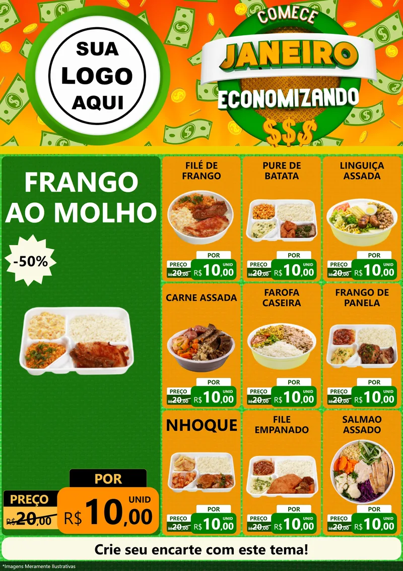 Modelo de Encarte para Encarte A4 Vertical com o tema Comece Janeiro Economizando para Restaurante