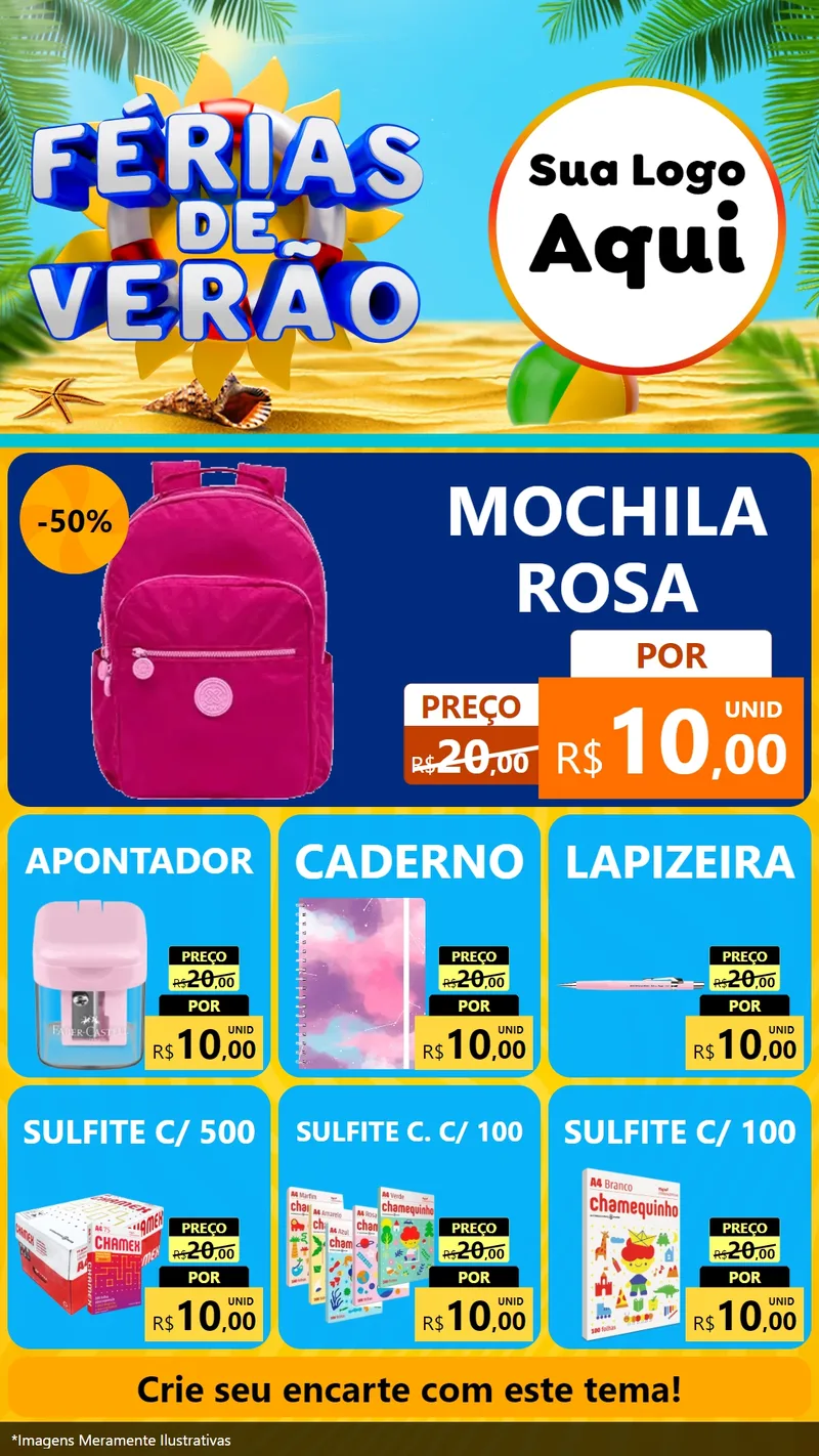 Modelo de Rede Social para Stories com o tema Férias de Verão para Papelaria