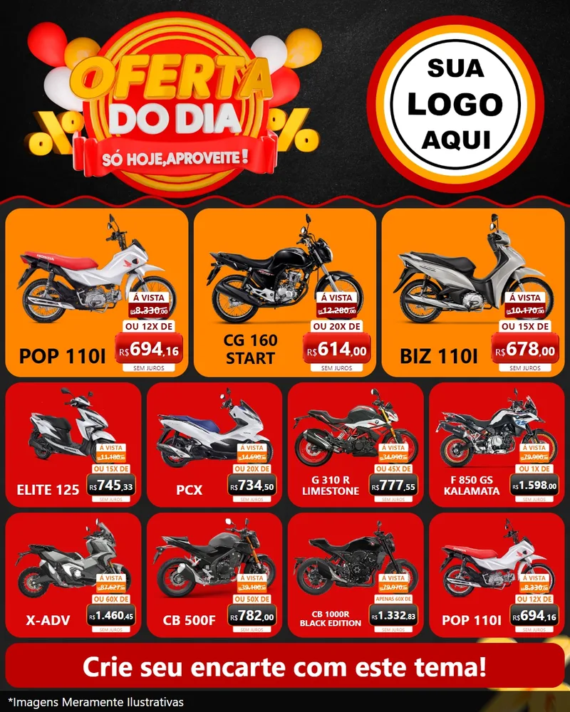 Modelo de Rede Social para Feed Instagram com o tema Oferta do Dia - Só hoje, Aproveite! para Concessionaria de Motos