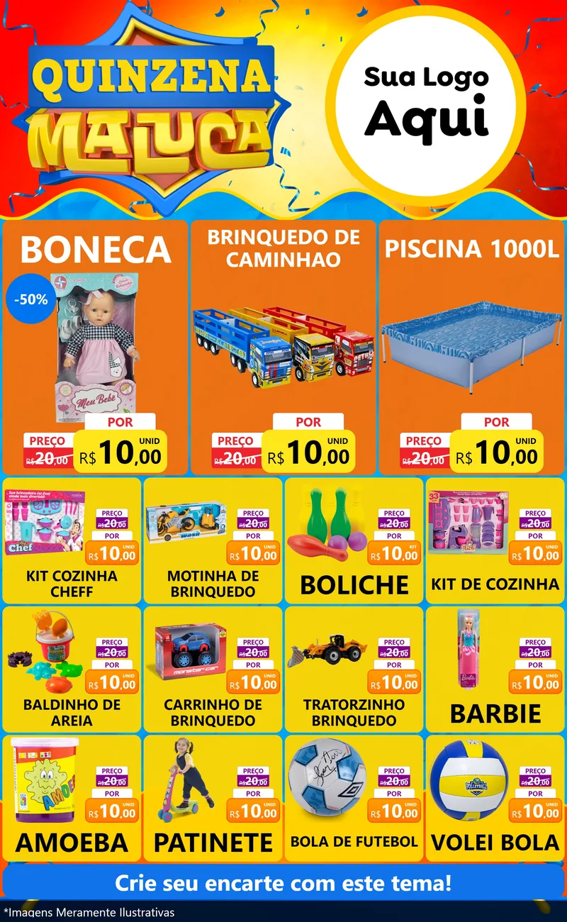 Modelo de Encarte para Encarte Grande com o tema Quinzena Maluca para Brinquedos